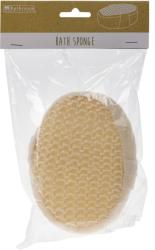 Ovaler Schwamm in hellem Beige. Strukturierte Oberfläche, weich. Mit einem Stoffband zum Halten.