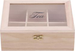 Holzkiste mit transparentem Deckel. Sechs Fächer für Teebeutel, beschriftet mit 'Tea'.