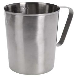 Edelstahlmessbecher mit einem Griff. Skala für 1000 ml und 600 ml sichtbar.