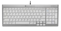 Silberne Computer-Tastatur mit weißen Tasten. Enthält Ziffernblock und Funktionstasten.
