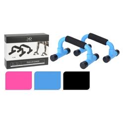 Zwei blaue Liegestützgriffe mit schwarzem Schaumstoffgriff. Verpackung zeigt die Griffe und eine Abbildung von einer Person, die Liegestütze macht.