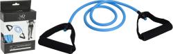 Fitness Expander in Blau. Zwei Griffe mit schwarzem Schaumstoff. Verpackung zeigt eine Abbildung eines trainierenden Menschen.
