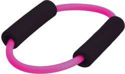 Ein Fitnessgerät in Form eines geschlossenen Rings. Es hat zwei schwarze Griffe und einen pinken Gummibereich.