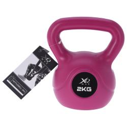Rosa Kettlebell mit einem Gewicht von 2 kg. Sie hat einen breiten Griff und eine runde Form.