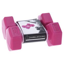 zwei pinke Hanteln, je 0,5 kg. Sechseckige Form. Verpackung zeigt eine Person beim Training.
