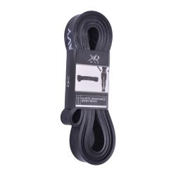 Schwarzes elastisches Widerstandsband für Fitness. Verpackt mit einem Etikett, das die Verwendung beschreibt.