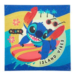 Verpackung für ein Diamond Painting Set mit Stitch von Disney. Bunte Grafik mit Surfbrett und dem Text 'Island Vibes'.