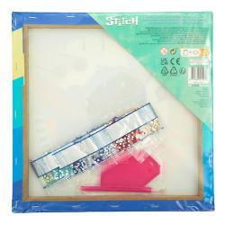 Verpackung für ein Diamond Painting Set mit Stitch von Disney. Bunte Grafik mit Surfbrett und dem Text 'Island Vibes'.
