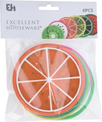 Sechs bunte Silikonuntersetzer in Fruchtform. Farben sind orange, grün, pink, gelb und rot.