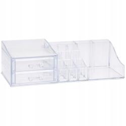 Transparente Aufbewahrungsbox mit zwei Schubladen. Enthält Fächer für Stifte und andere kleine Gegenstände.