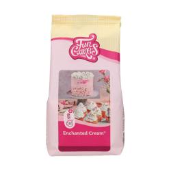 Verpackung für Enchanted Cream von FunCakes. Rosa und gelbe Farben. Abgebildeter Kuchen mit Sahne und Dekoration. Cupcakes mit Sahne auf dem Tisch.