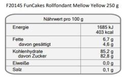 Gelbe Verpackung mit Zuckerpaste. Auf der Vorderseite sind dekorierte Kuchen und Muffins abgebildet.