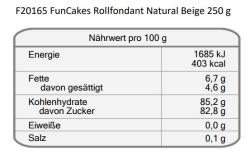 Packung mit Zuckerpaste in natürlichem Beige. Abgebildete Torten und Cupcakes mit bunten Verzierungen.