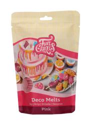Verpackung mit pinken Deco Melts. Für Dekoration von Kuchen und Süßigkeiten. Aufdruck mit bunten Leckereien und einem Kuchen.