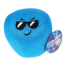 blauer, runder Schwamm mit lächelndem Gesicht und Sonnenbrille. Netzstruktur sichtbar. Hängeschild mit Aufschrift 'Super Fun'.