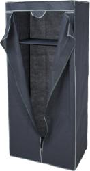 Dunkelgrauer Kleiderschrank aus Stoff. Offene Vorderseite mit Reißverschluss. Innenregal vorhanden. Schlichtes Design.