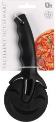 Pizzaschneider mit schwarzem Griff und runder Klinge. Der Griff hat eine ergonomische Form.