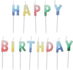 Bunte Kerzen in Form von Buchstaben. Sie bilden die Worte 'Happy Birthday'.