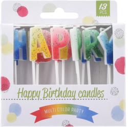 Bunte Kerzen in Form von Buchstaben. Sie bilden die Worte 'Happy Birthday'.