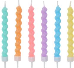 Sechs spiralförmige Kerzen in verschiedenen Farben. Farben sind mintgrün, orange, pink, lila, blau und gelb.