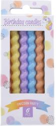 Sechs spiralförmige Kerzen in verschiedenen Farben. Farben sind mintgrün, orange, pink, lila, blau und gelb.