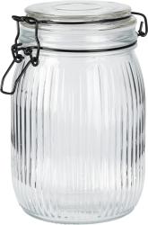 Durchsichtiger Glasbehälter mit Deckel und Drahtverschluss. Geriffelte Oberfläche.