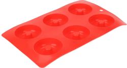Rote Silikonform mit sechs runden Vertiefungen. Ideal zum Backen oder Einfrieren.