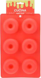 Rote Silikonform mit sechs runden Vertiefungen. Ideal zum Backen oder Einfrieren.