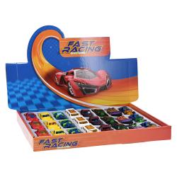 Spielzeugautos in verschiedenen Farben in einer offenen Verpackung. Auf der Verpackung ist ein rotes Sportauto abgebildet.