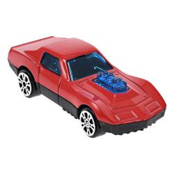 Spielzeugautos in verschiedenen Farben in einer offenen Verpackung. Auf der Verpackung ist ein rotes Sportauto abgebildet.