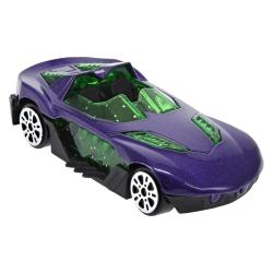 Spielzeugautos in verschiedenen Farben in einer offenen Verpackung. Auf der Verpackung ist ein rotes Sportauto abgebildet.