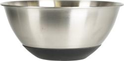 Edelstahl-Schüssel mit schwarzem Gummiboden. Glatte, glänzende Oberfläche. Schalenform.