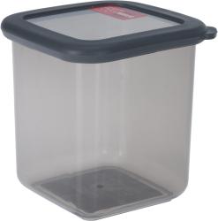 Transparenter Kunststoffbehälter mit grauem Deckel. Rechteckige Form, geeignet zur Aufbewahrung.
