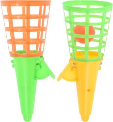Zwei farbige Spielgeräte zum Fangen von Bällen. Eine grüne und eine orange Variante mit einem kleinen Ball.