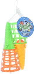 Zwei farbige Spielgeräte zum Fangen von Bällen. Eine grüne und eine orange Variante mit einem kleinen Ball.