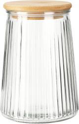 Glasbehälter mit gerillter Oberfläche und Holzdeckel. Transparent und schmal zulaufend.
