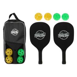 Pickleball-Set mit zwei Schlägern und vier Bällen. Schläger schwarz mit Logo. Bälle in gelb und grün. Aufbewahrungstasche schwarz.