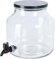 Glasbehälter mit schwarzem Deckel und Auslaufhahn. Transparent und rundlich.