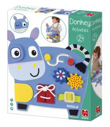 Bunte Aktivitätsbox in Form eines blauen Esels. Enthält verschiedene Formen und Farben zum Spielen. Geeignet für Kinder ab 2 Jahren.