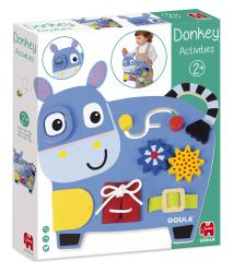 Bunte Aktivitätsbox in Form eines blauen Esels. Enthält verschiedene Formen und Farben zum Spielen. Geeignet für Kinder ab 2 Jahren.