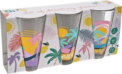 Set aus drei Trinkgläsern mit bunten, sommerlichen Motiven. Jedes Glas hat ein anderes Design mit Palmen und Sonne.