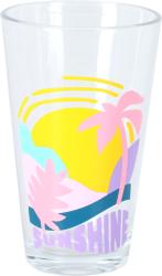 Set aus drei Trinkgläsern mit bunten, sommerlichen Motiven. Jedes Glas hat ein anderes Design mit Palmen und Sonne.