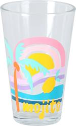 Set aus drei Trinkgläsern mit bunten, sommerlichen Motiven. Jedes Glas hat ein anderes Design mit Palmen und Sonne.