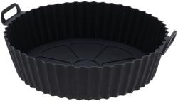 Schwarze Silikonform mit geriffeltem Rand. Hat zwei Griffe an den Seiten.