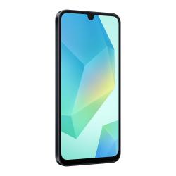 Schwarzes Smartphone mit drei Kameras auf der Rückseite. Der Bildschirm zeigt ein farbenfrohes geometrisches Muster.