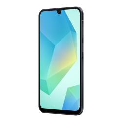 Schwarzes Smartphone mit drei Kameras auf der Rückseite. Der Bildschirm zeigt ein farbenfrohes geometrisches Muster.