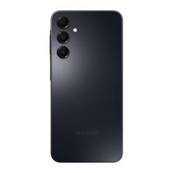 Schwarzes Smartphone mit drei Kameras auf der Rückseite. Der Bildschirm zeigt ein farbenfrohes geometrisches Muster.