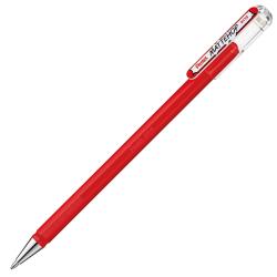 roter Kugelschreiber mit transparentem Deckel. Glatte Oberfläche, silberne Spitze. Marke: Pentel.