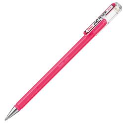 pinkfarbener Kugelschreiber mit transparentem Deckel. Glatte Oberfläche, metallische Spitze. Marke: Pentel.