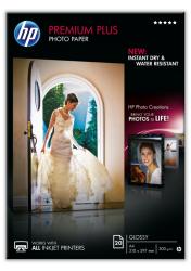 Packung mit HP Premium Plus Fotopapier. Glänzende Oberfläche, geeignet für alle Tintenstrahldrucker.